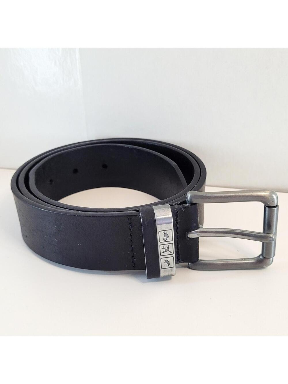 Black Leather Belt Travel Icons Airplane Motorcycle Helicopter 34"-36" Waist